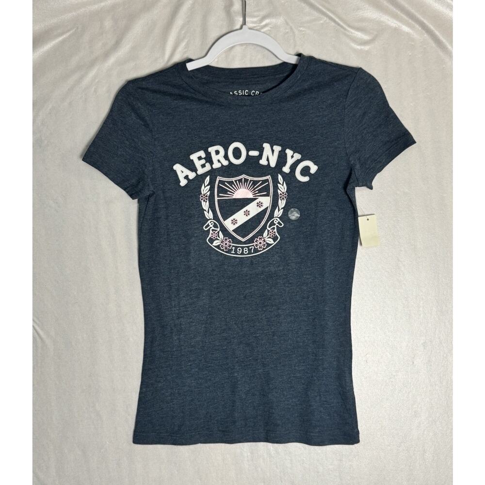 Aeropostale Womens Y2K Logo Spellout 1987 Blue Classic Crew Tee Sporty Prep Sz S
